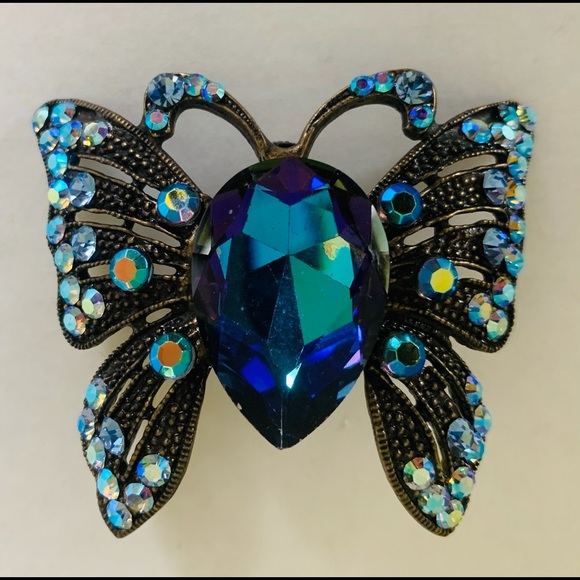 Large shiny blue crystal butterfly brooch pin back - Picture 4 of 13